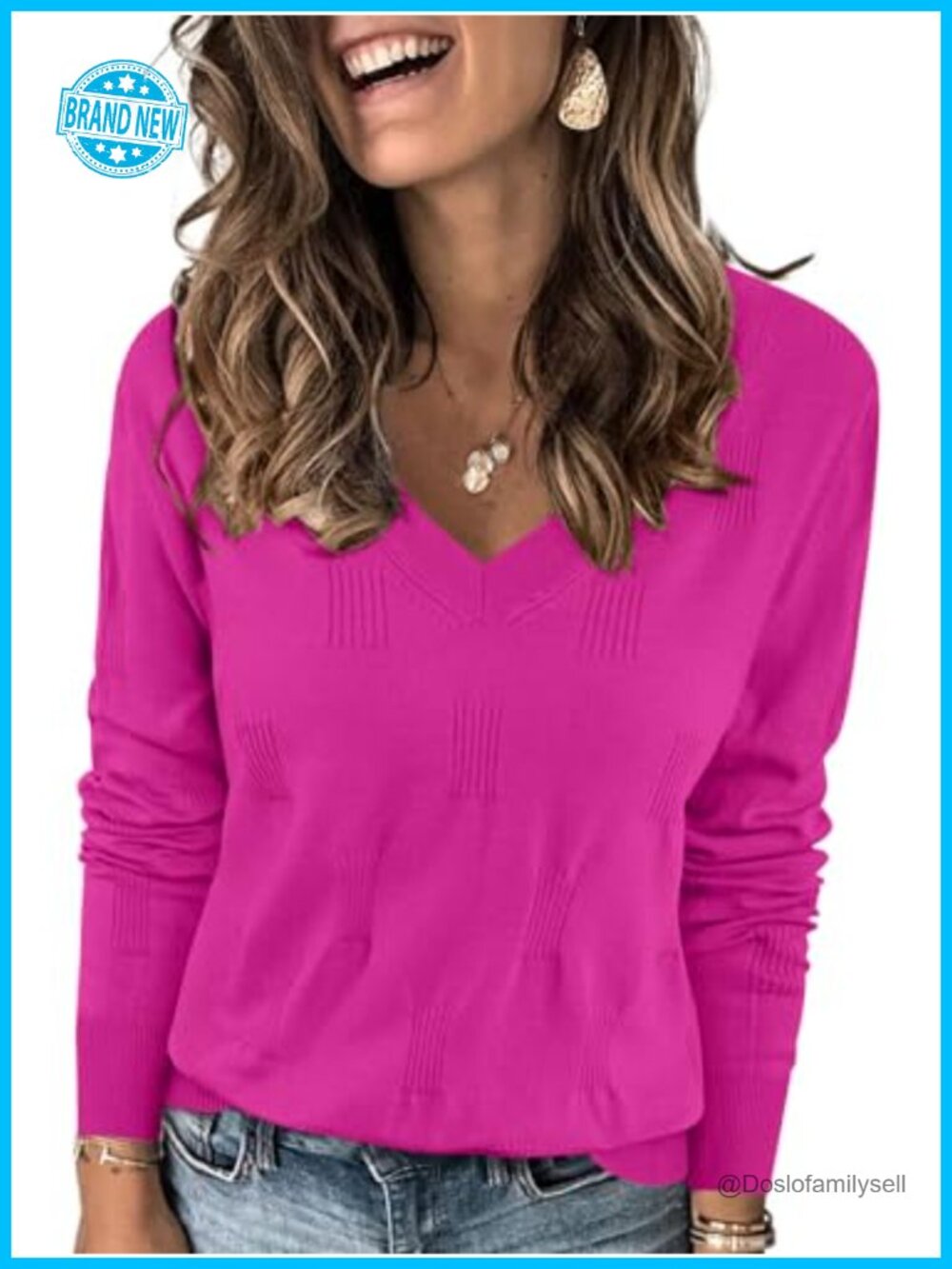 Women V Neck Long Sleeve Soft Sweater Knit Casual Pullover Top